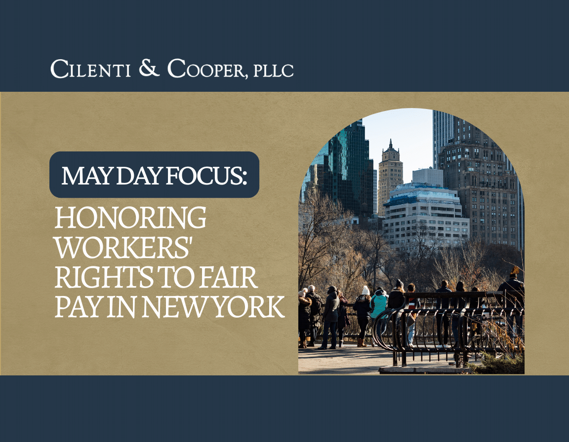 Graphic design of the blog title 'May Day Focus: Honoring Workers' Rights to Fair Pay in New York