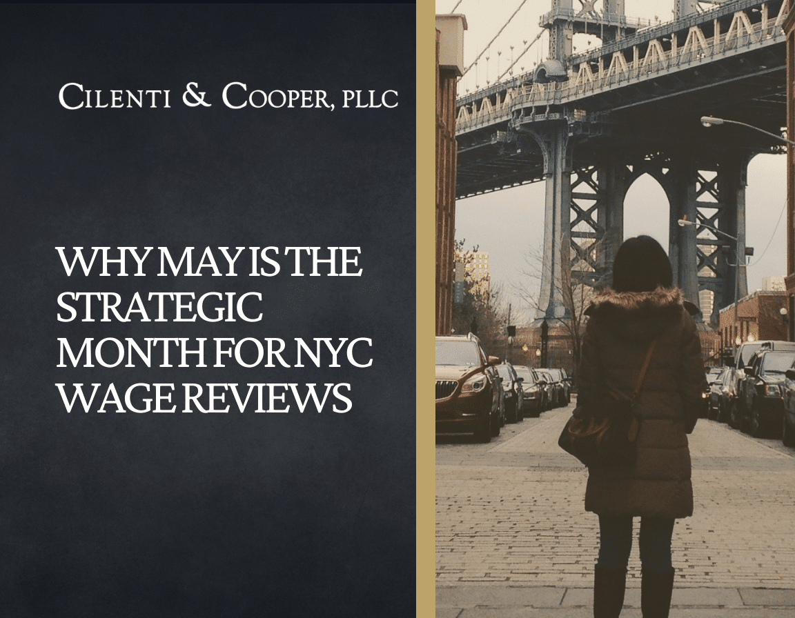 Graphic design of the blog title 'Why May Is the Strategic Month for NYC Wage Reviews'